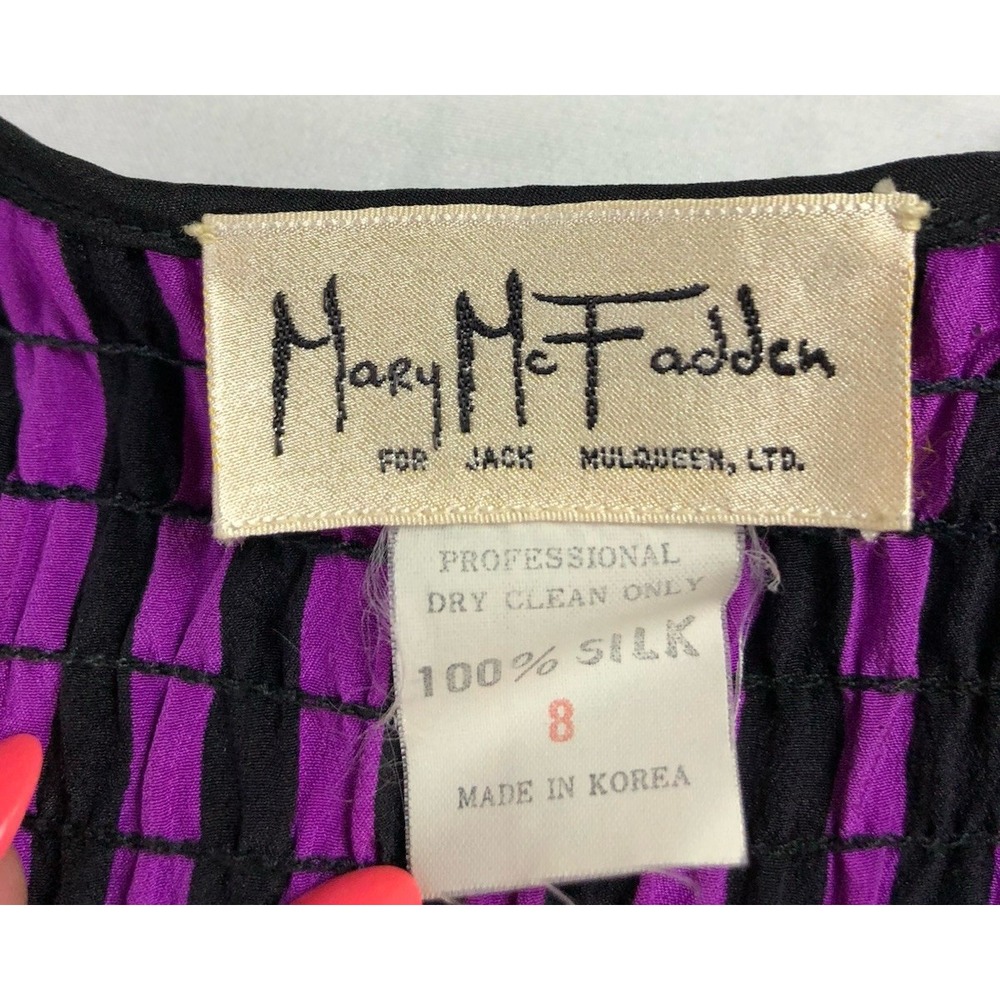 Vintage Mary McFadden for Jack Mulqueen Silk Blouse Skirt Set Purple Black Sz 8 - Picture 4 of 12